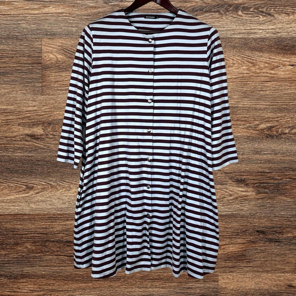 Marimekko Tuike Tasaraita Jersey Dress Size XL Striped Snaps Pockets Boho Chic